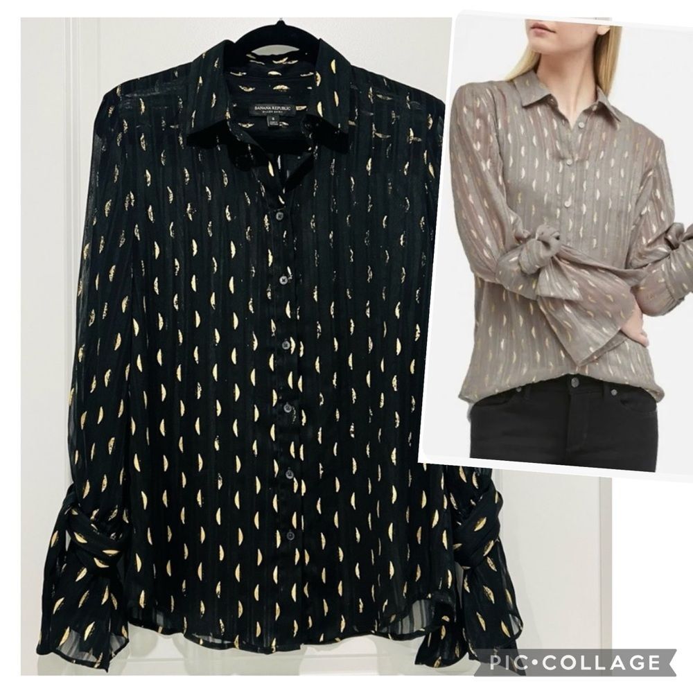 Banana Republic Women's Black Dillon Shirt Metallic Print Tie Cuffs Size Small